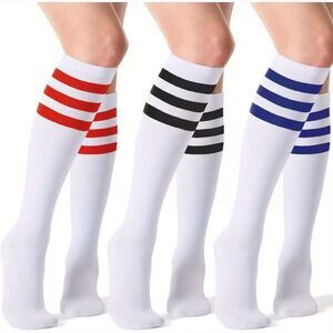 Women's Knee-High Athletic Socks - Breathable Polyester, Striped Design 3 Pair